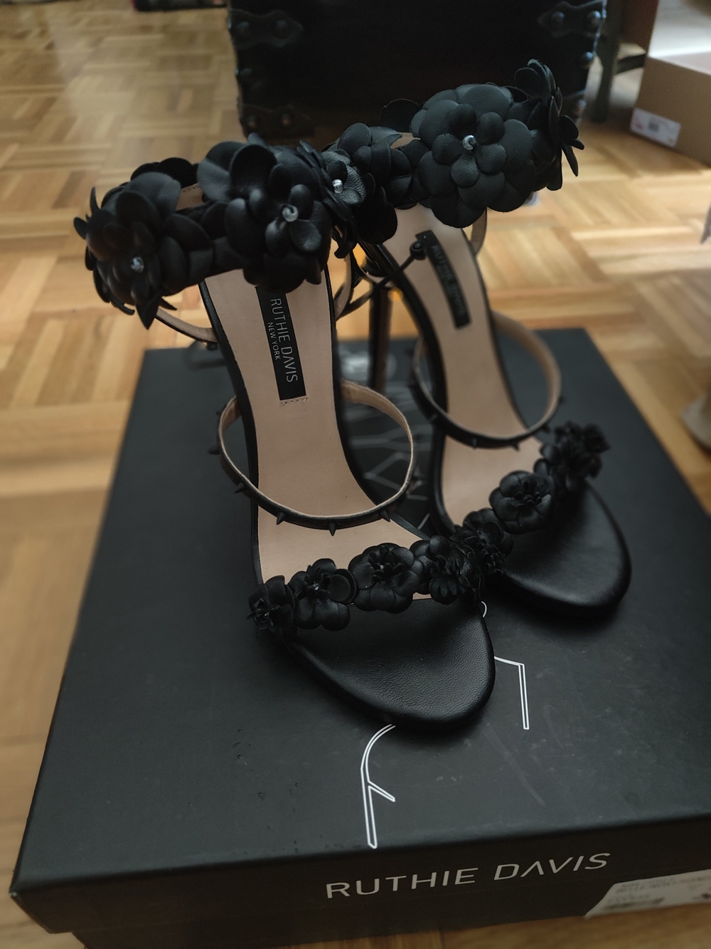 Ruthie Davis Black Floral Strappy High Heels